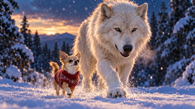 Illustration of a huge pale wolf striding through a snowy forest at dusk, with a tiny Chihuahua in a red knitted sweater trotting confidently beside it