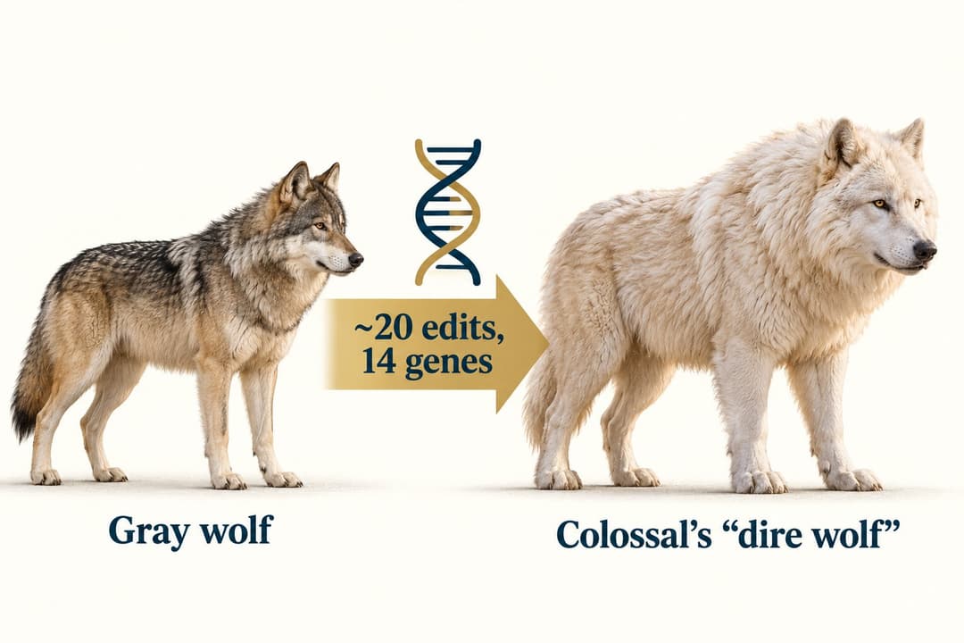Illustration of an ordinary gray wolf and one of Colossal's larger, pale "dire wolves," with a label showing 20 edits in 14 genes between them