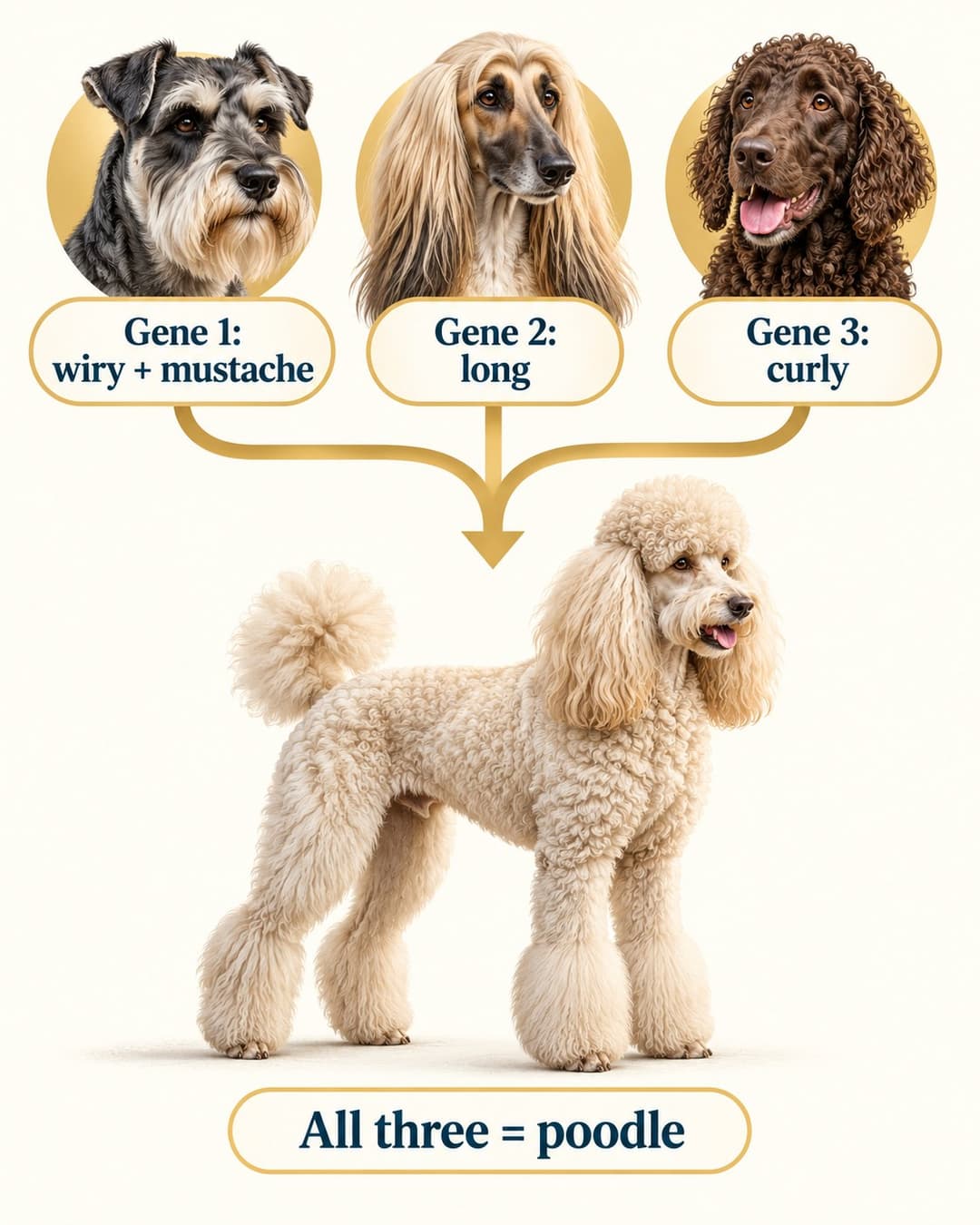 Infographic showing three dog coat genes producing wiry, long and curly coats, combining into a poodle's coat