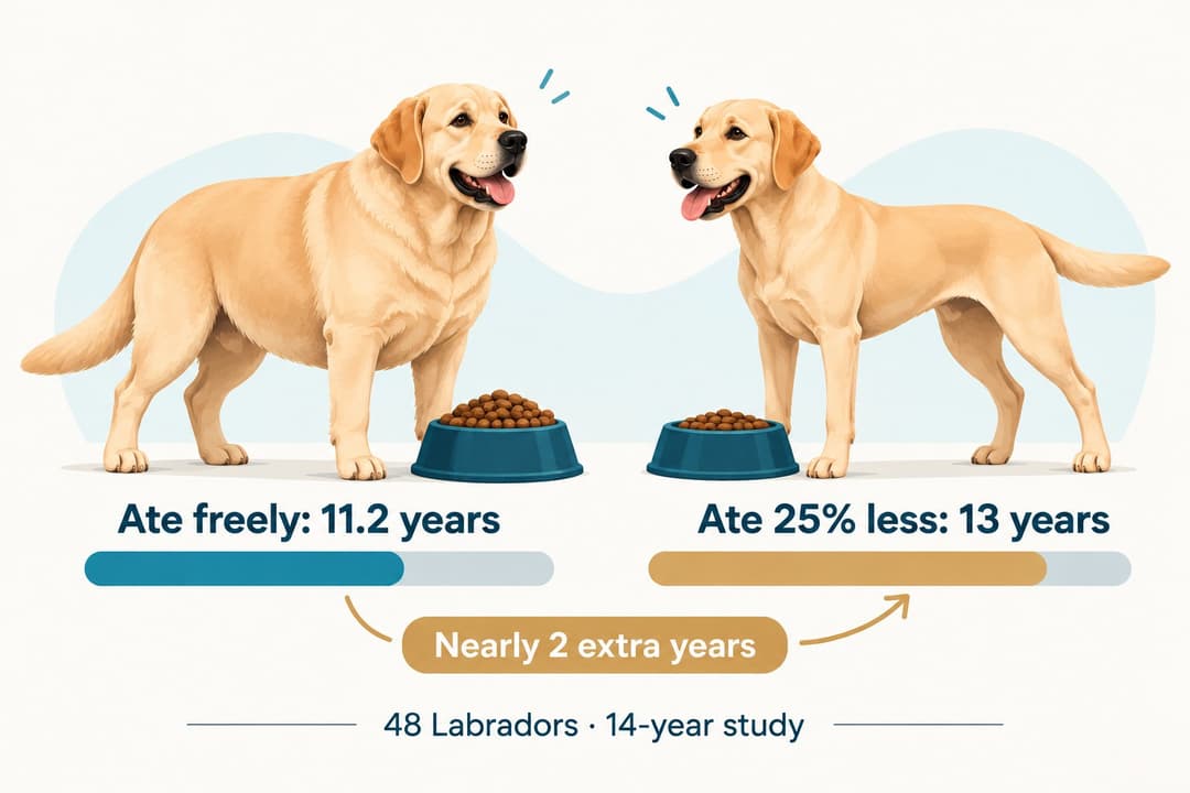 Illustration of two yellow Labrador littermates, one heavier beside a full bowl and one lean beside a smaller portion, with lifespan bars showing 11.2 years versus 13 years
