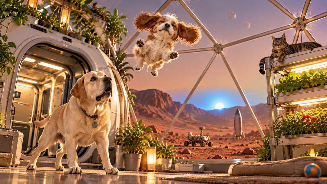Illustration of a bewildered yellow Labrador inside a Mars habitat dome watching a tiny floppy-eared dog float in the low gravity, with a tabby cat on a shelf and a blue Martian sunset outside