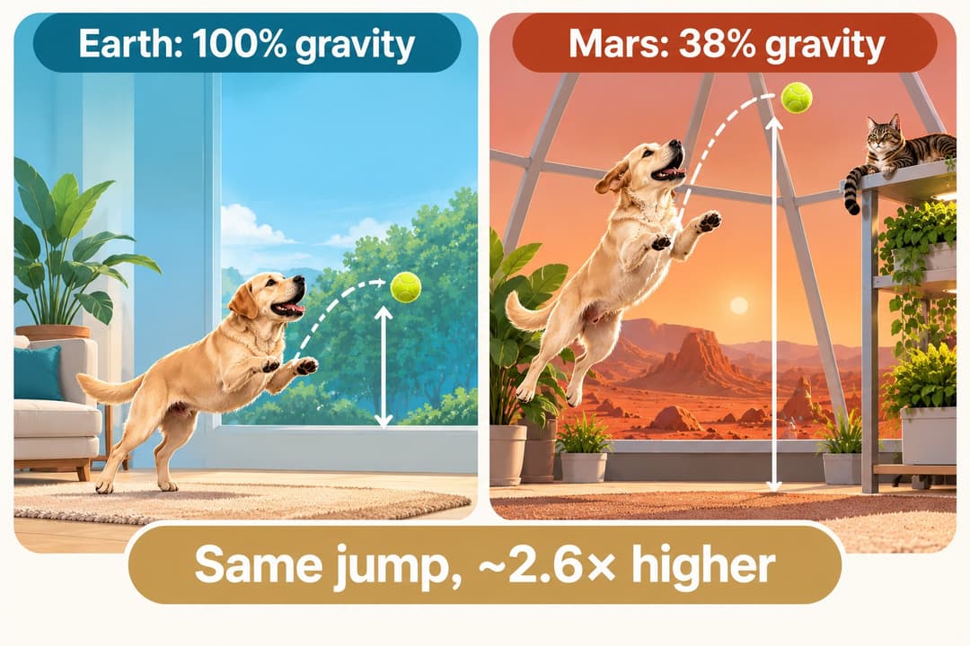 Two-panel illustration of the same dog jumping for a ball on Earth at 100% gravity and on Mars at 38% gravity, where it leaps about 2.6 times higher while a cat watches from a high shelf