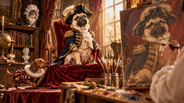 Illustration of a pug in an admiral's coat and bicorne hat posing on a red velvet throne for a painter, while a dachshund in a ruff tugs the drapes and a cat in a powdered wig watches from a shelf