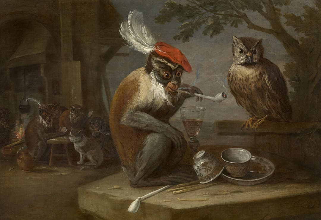 Seventeenth-century painting of a monkey in a feathered red cap smoking a long pipe beside an owl, with more monkeys behind