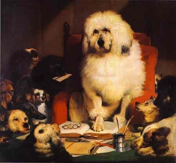 Edwin Landseer painting of a white poodle presiding like a judge over an open law book, surrounded by attentive dogs