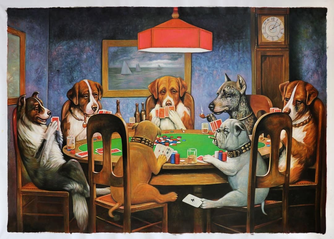 Cassius Coolidge painting of dogs playing poker around a green table, with one bulldog passing an ace to another under the table