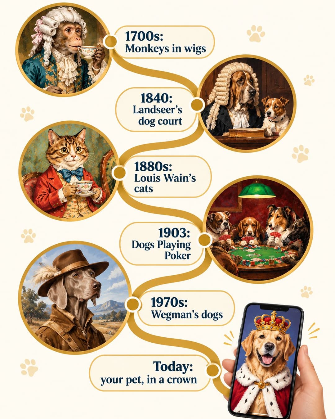 Illustrated timeline from monkeys in wigs in the 1700s, through Landseer, Louis Wain, Dogs Playing Poker and Wegman, to a dog in a crown on a phone today