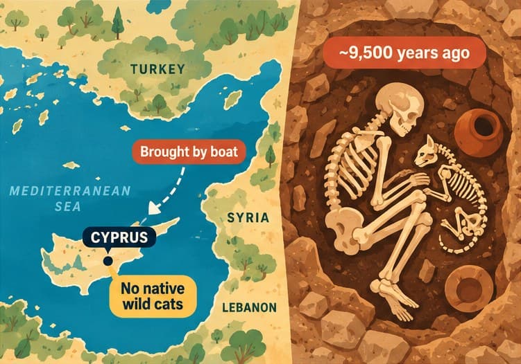 Illustrated map of the eastern Mediterranean showing Cyprus south of Turkey and west of Syria, beside a drawing of a grave holding a human skeleton and a small cat skeleton