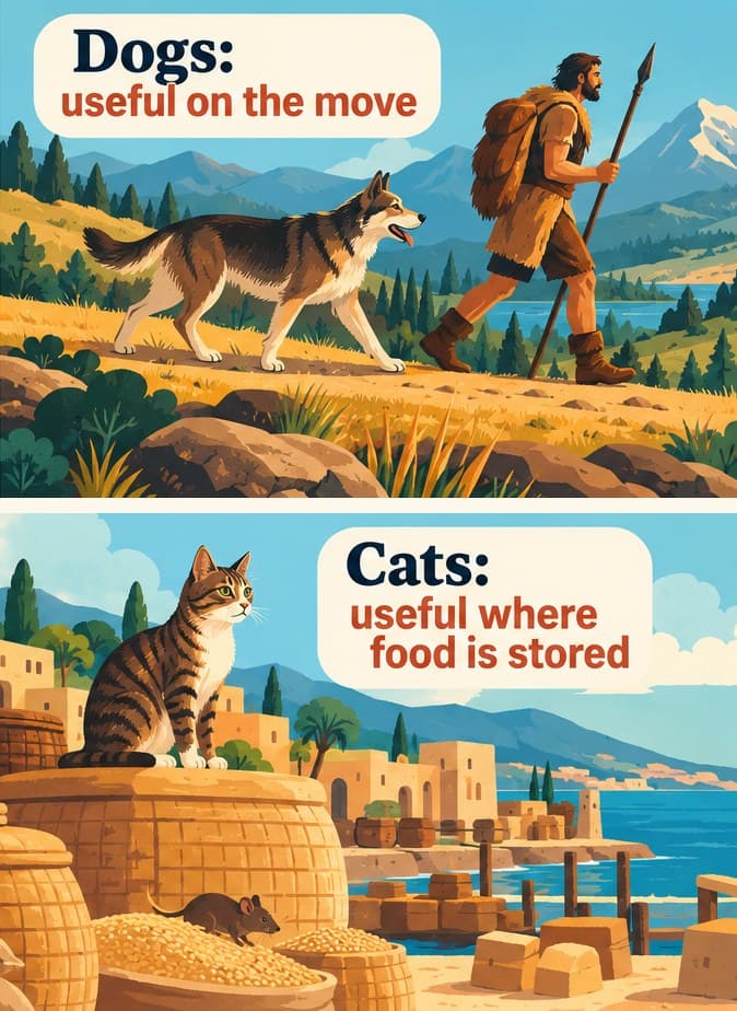 Two illustrations: a dog trotting beside a Stone Age hunter on the move, and a tabby cat sitting on grain baskets by a harbor while a mouse feeds below